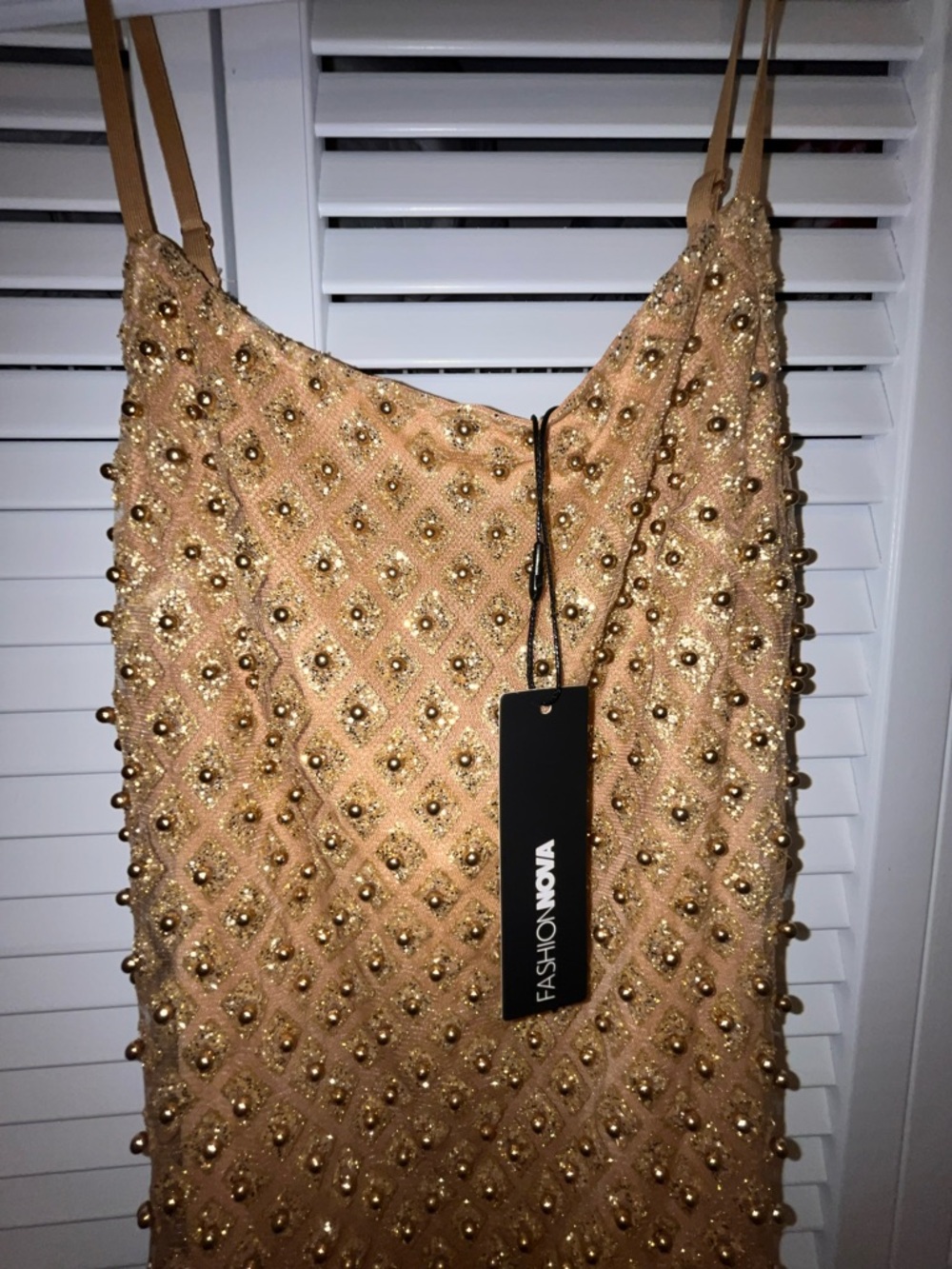 FASHION-NOVA Gold Beaded Slip Dress